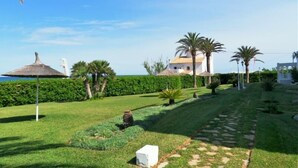Ein gepflegter Garten mit einem Pfad, Palmen und einem Gebäude mit weißer Fassade.