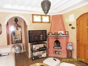 TV connectée, cheminée, lecteur de DVD, livres