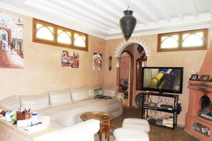 Smart TV, fireplace, DVD player, books