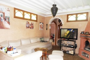 Smart TV, lareira, DVD player, livros