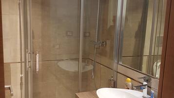 Shower, hair dryer, bidet, towels