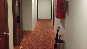 Un pasillo de hotel con alfombra roja estampada, puertas de madera y un extintor montado en la pared.
