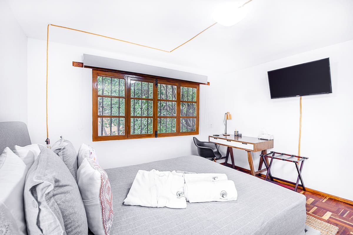 Hotelkamer met een bed, bureau, stoel, televisie en raam met uitzicht op bomen.