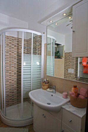 Shower, hair dryer, bidet, towels