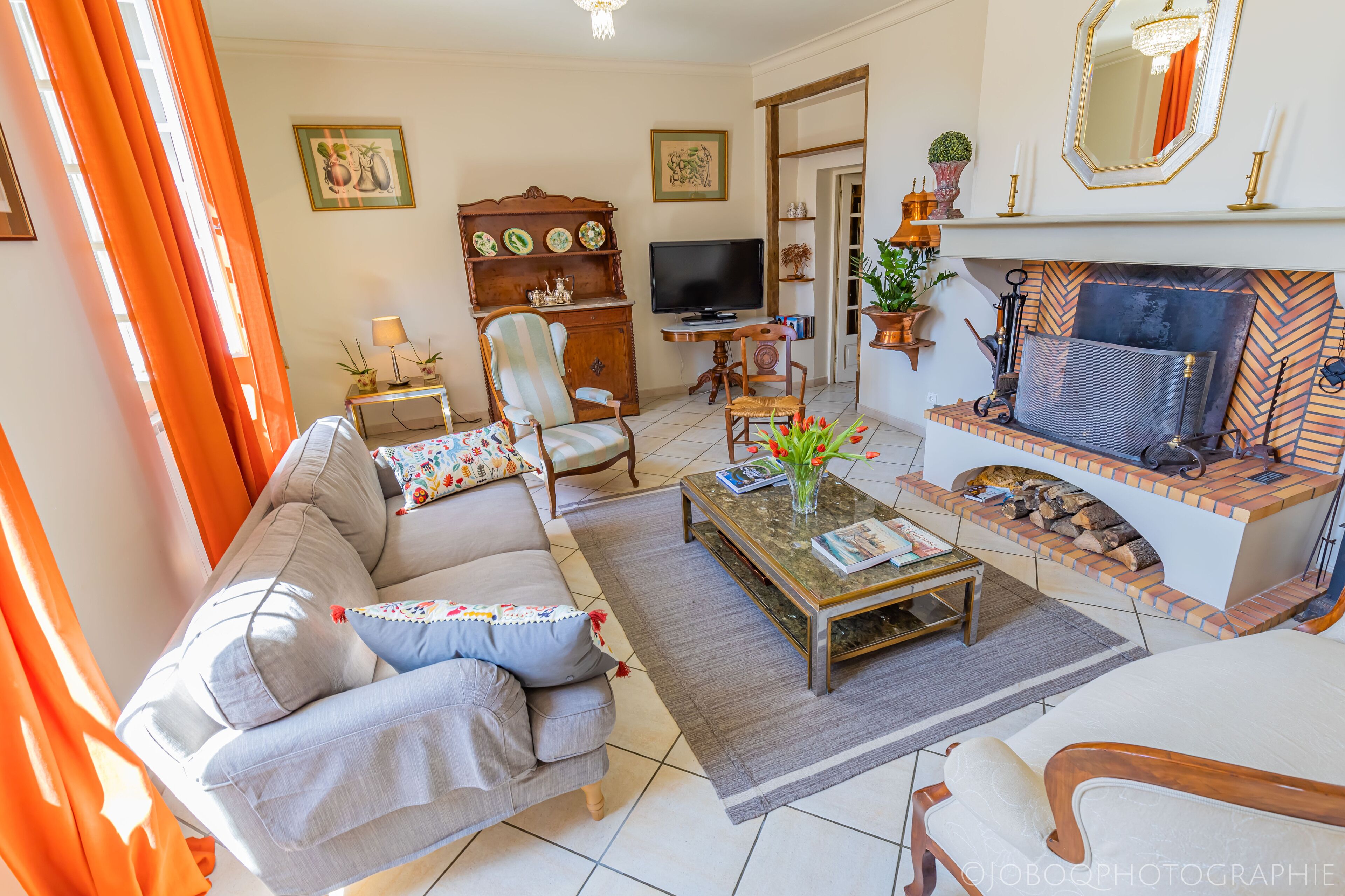 Smart TV, lareira, DVD player, livros
