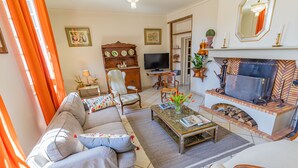 A living room with a sofa, armchairs, a coffee table, a fireplace, a television, and a bookshelf. - GUEST HOUSE OSTAL CASSINIA  (Cassagne)