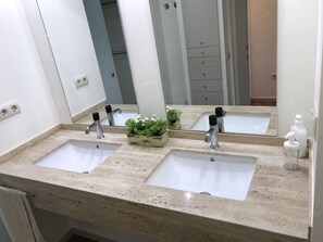 Shower, hair dryer, bidet, towels