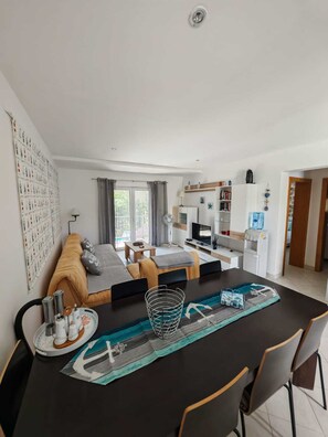 Smart TV, DVD player, books, video library