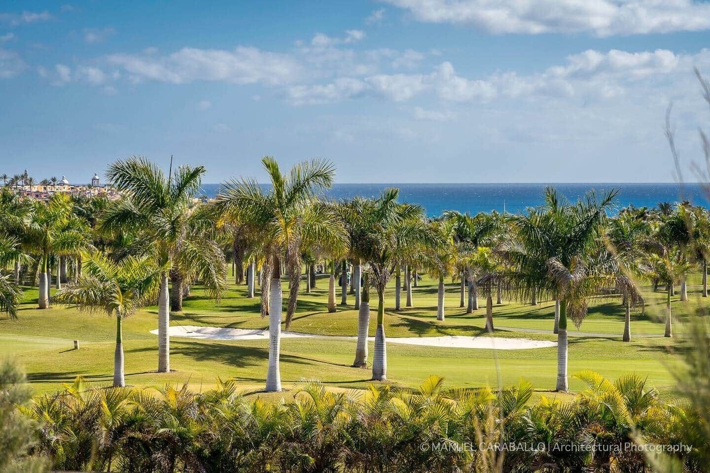 Un parcours de golf bordé de palmiers, avec vue sur l’océan.