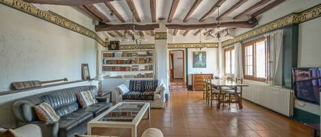 TV, fireplace, DVD player, books