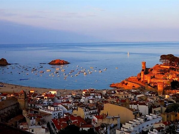 A coastal town with a dense cluster of buildings, a beach, and boats in the water.