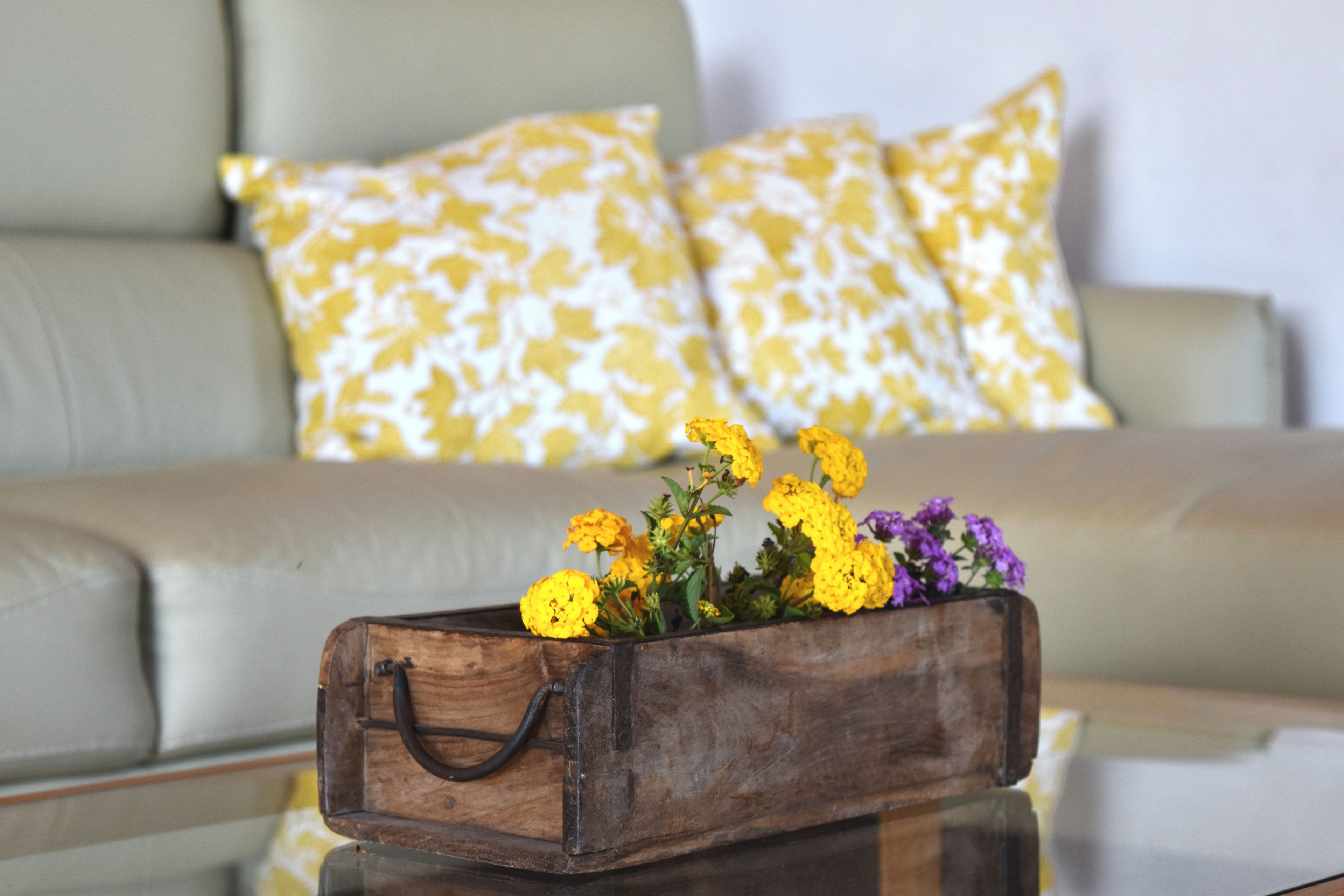 A wooden box with flowers on a glass table in a living room with a sofa and patterned cushions.