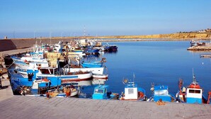 A harbor with multiple boats docked, a clear sky, and a calm sea.
