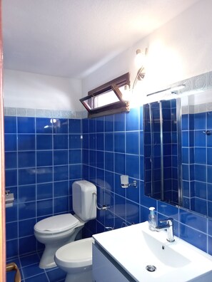 Chuveiro, secador de cabelo, bidê, toalhas de banho