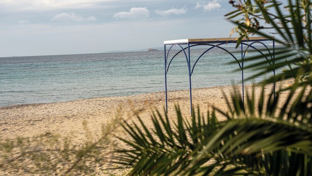 A beach with a metal table structure and palm fronds in the foreground. - Appartment 51 sq.m / Sandy beach + Int. Airport (Saronida)