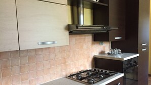 Cozinha equipada com fogão a gás, forno e exaustor em aço inoxidável. Armários com puxadores e painel de azulejos na parede.