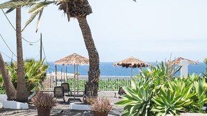 A beachfront patio with palm trees, potted plants, and outdoor seating. - Farmhouse Finca Delicias La Canaria (Alcalá)