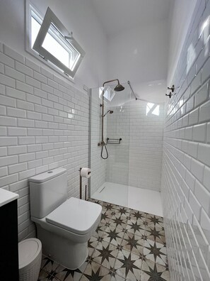 Shower, eco-friendly toiletries, hair dryer, towels