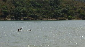 Un lago con dos personas nadando.