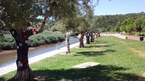Un parque con río, árboles y un sendero.