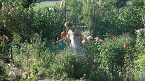 A garden with various plants and flowers, a person holding a watering can, and a trellis structure.