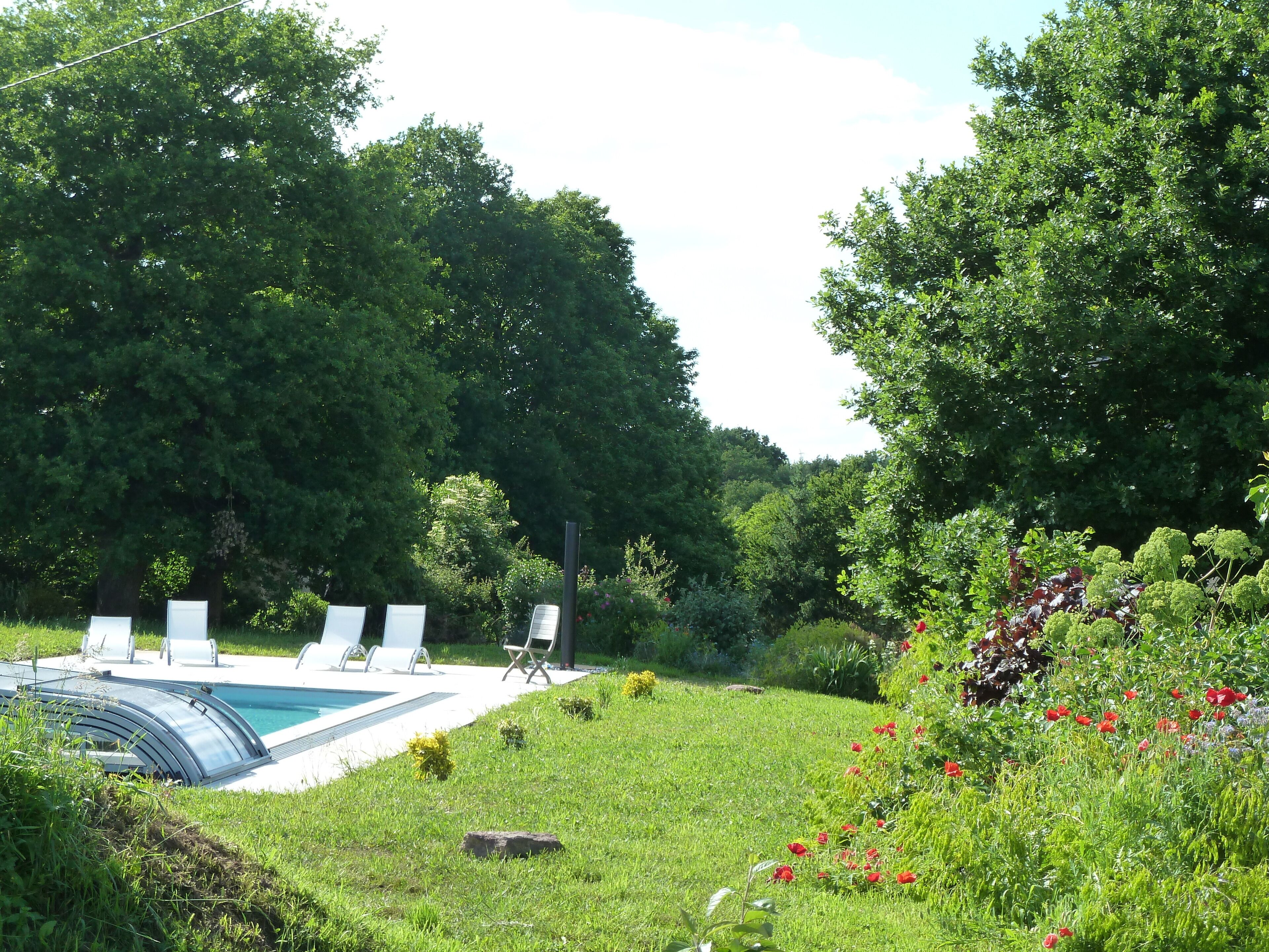 A swimming pool with lounge chairs and a grassy area with flowers.