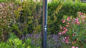 Ein Wohngebäude mit Ziegeldach, einem Garten mit verschiedenen Pflanzen und Blumen sowie einer schwarzen Außeneinheit.