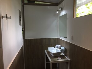 Shower, towels, toilet paper