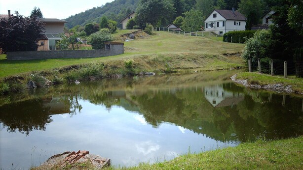 A tranquil pond surrounded by grassy areas and houses. - Detached house "Chez Jean-Yves" with veranda and garage  (Le Menil)