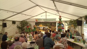 A tent with tables and chairs, a stage with performers, and a banner reading "HEIMAT - UND VERKEHRSVEREIN Liesenich e.V." - Haus Buchholz Apartment 2 multiple apartments available (Liesenich)