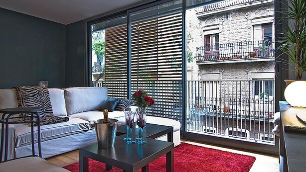 A modern living room with a sofa, a coffee table, and a red rug.