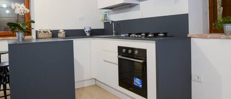 Fridge, oven, stovetop, coffee/tea maker