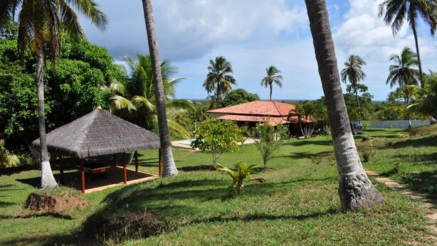 Un resort tropical con una cabaña de techo de paja, palmeras y un edificio de techo rojo.