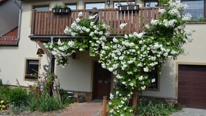 A two-story house with a balcony, a wooden fence, and a garden with white flowering plants.