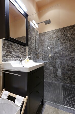 Shower, hair dryer, towels