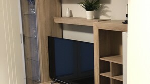 Ein modernes Wohnzimmer mit integriertem Fernseher, Holzregalen und einer Duschkabine aus Glas.