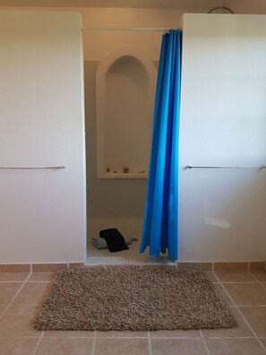 Combined shower/bathtub, hair dryer, towels, toilet paper