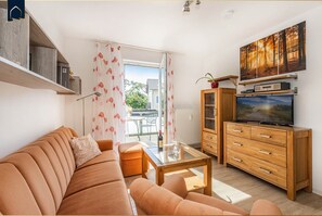 Fernseher, DVD-Player, Bücher, Musikbibliothek