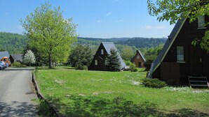 Entorno rural con casas tradicionales, una carretera y una colina boscosa al fondo.