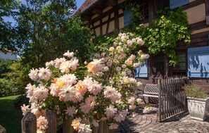 Un jardin où s’épanouissent des fleurs devant un bâtiment traditionnel, doté d’une clôture en bois et d’un banc.