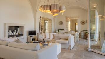 Télévision, cheminée, table de tennis de table, livres