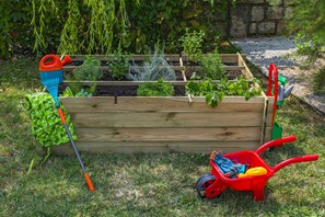 Ein erhöhter Gartenbeet aus Holz mit verschiedenen Pflanzen, eine rote Schubkarre mit Gartenwerkzeug und eine blaue Gießkanne.