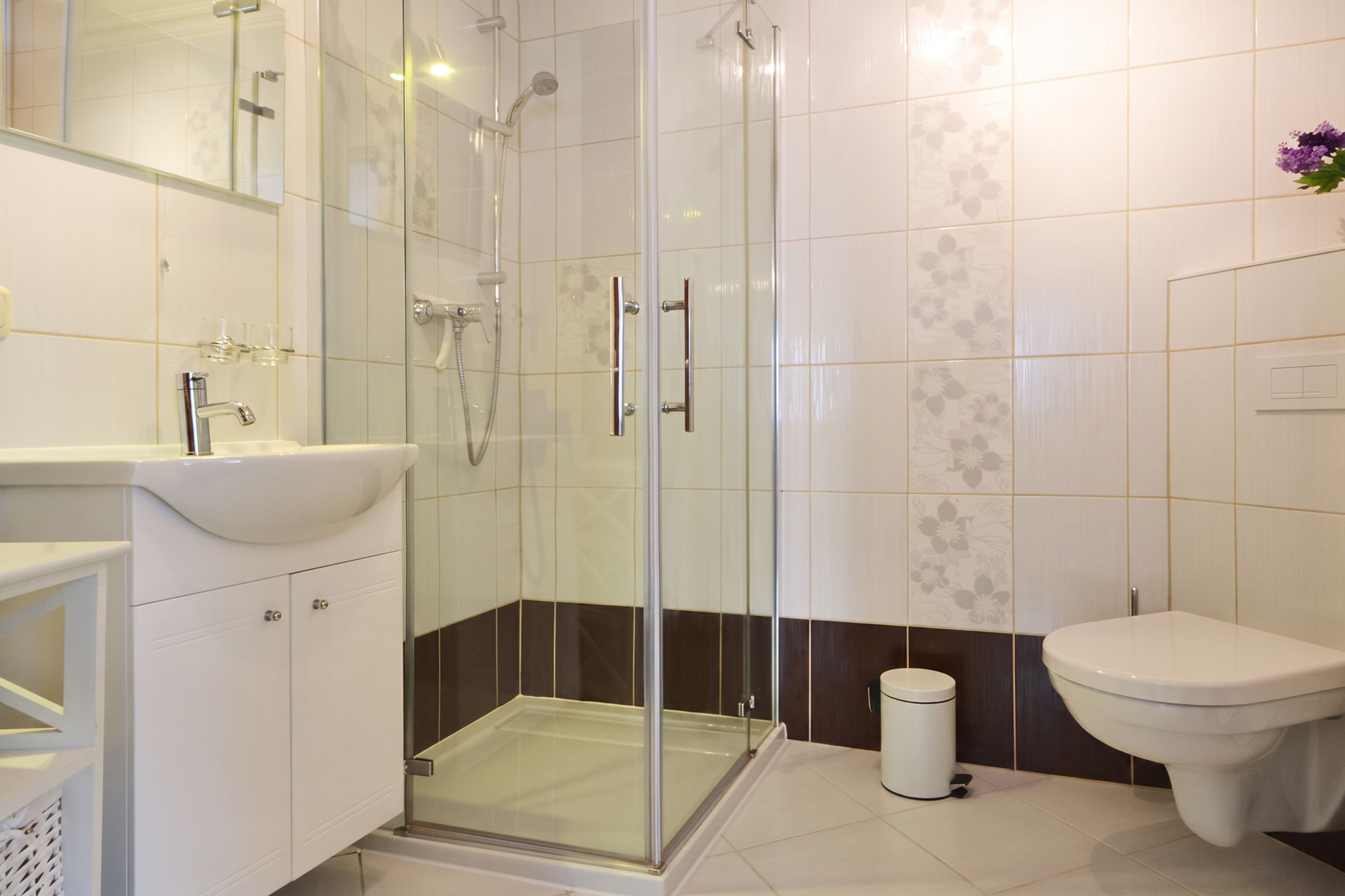 Une salle de bain moderne avec une douche à parois de verre, un lavabo blanc et des toilettes.