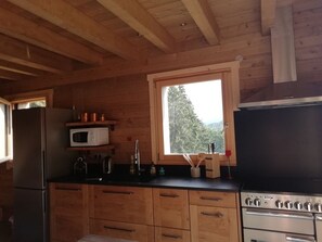 Een koelkast, een microgolfoven, een oven, een kookplaat