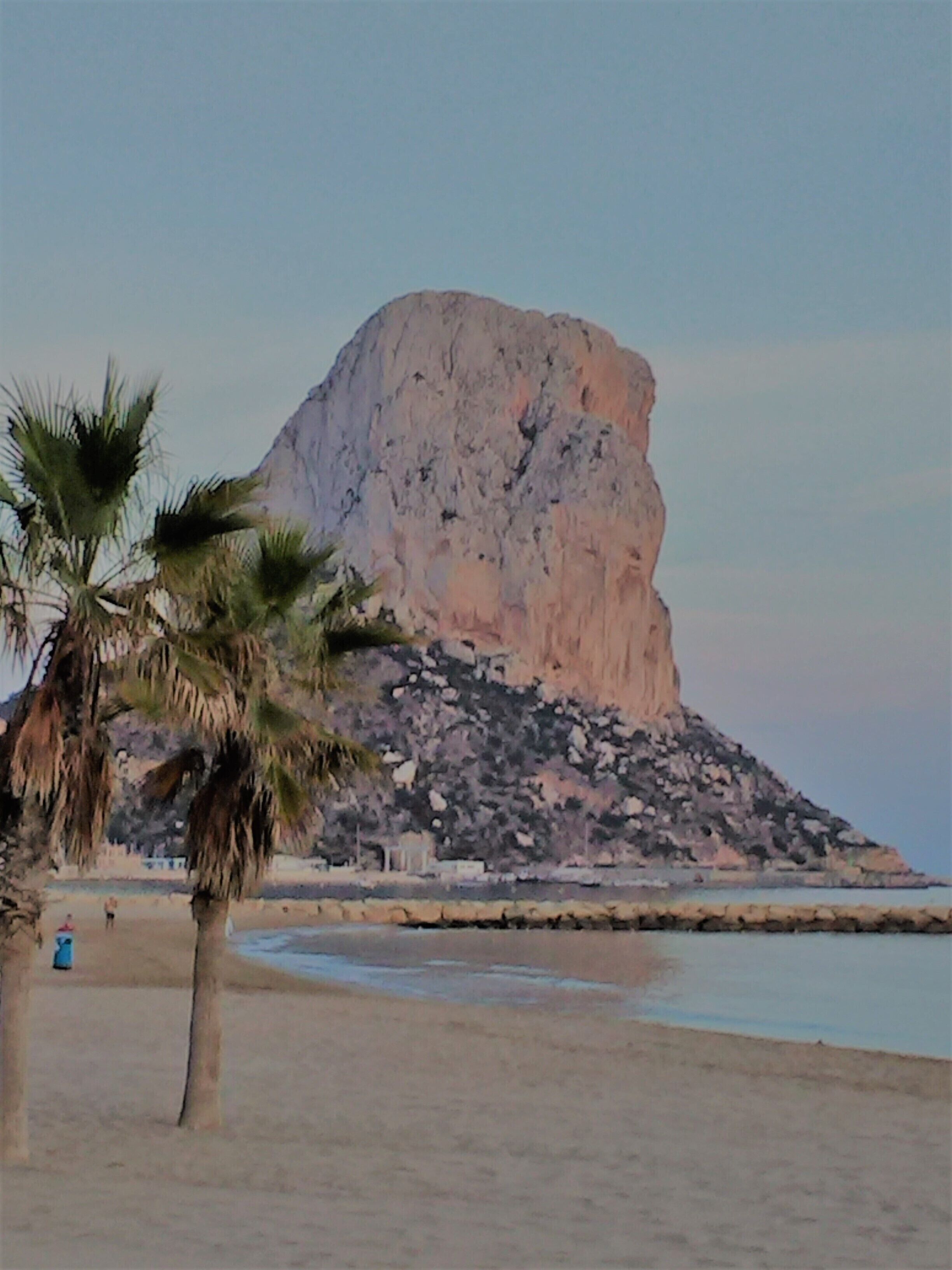 A beach with a large rock formation, palm trees, and a calm sea.