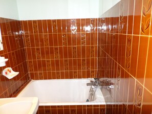 Tina, secadora de cabello, bidet, papel de baño