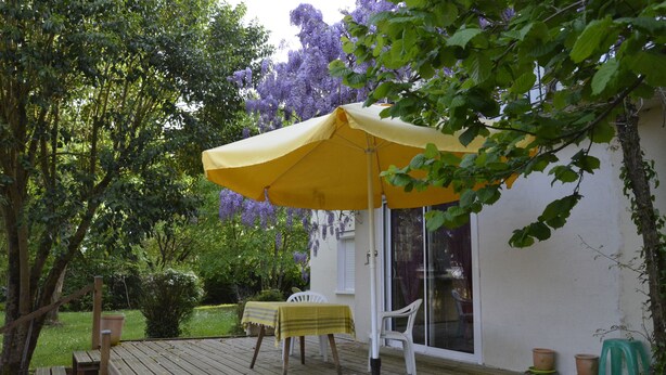 A wooden deck with a yellow umbrella, a table with a yellow tablecloth, and potted plants.