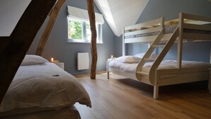 Een slaapkamer met twee stapelbedden, een raam en een radiator.