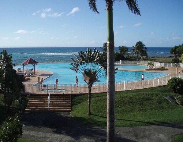 A pool area with a view of the ocean, a gazebo, and palm trees.