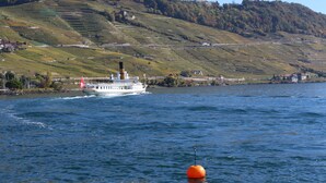 A river with a boat and a buoy.